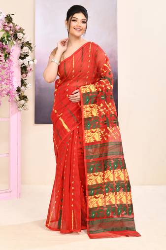 Women's red embellished cotton blend jamdani saree