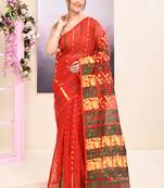 Women's red embellished cotton blend jamdani saree