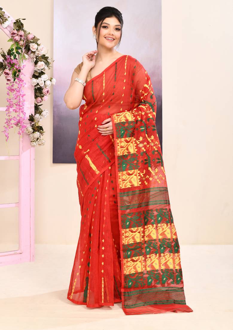 Women's red embellished cotton blend jamdani saree