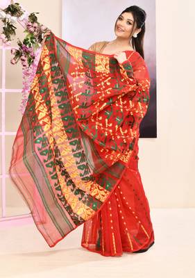 Women's red embellished cotton blend jamdani saree 2