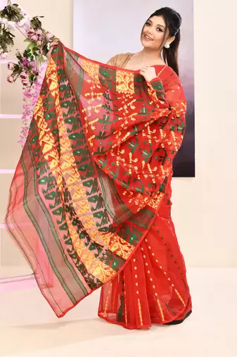 Women's red embellished cotton blend jamdani saree
