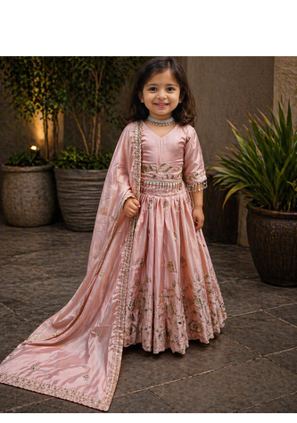 Trendy Heavy Pure Creap Embroidery Work Peach Readymade Lehenga Choli 1