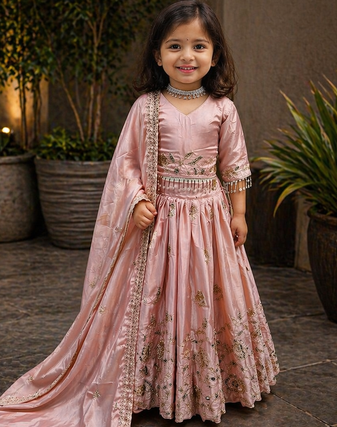 Trendy Heavy Pure Creap Embroidery Work Peach Readymade Lehenga Choli