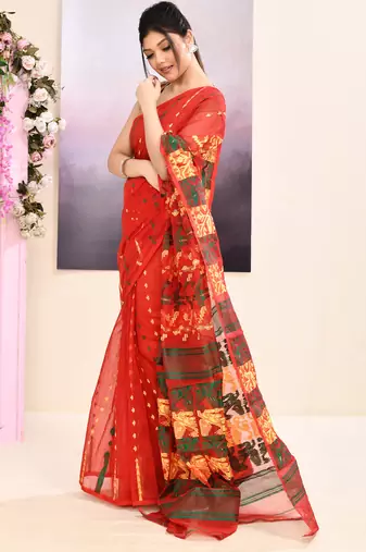 Women's red embellished cotton blend jamdani saree
