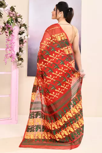Women's red embellished cotton blend jamdani saree