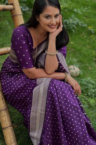 Purple soft silk blend banarasi jacuard work designer party wear saree with unstitched blouse piece