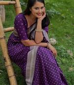 Purple silk blend banarasi saree with unstitched blouse piece