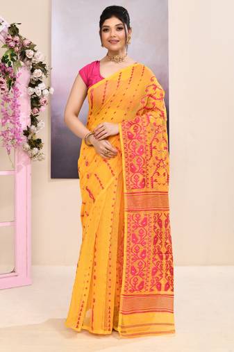 Women's yellow embellished cotton blend jamdani saree
