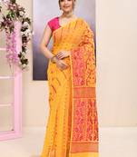 Women's yellow embellished cotton blend jamdani saree