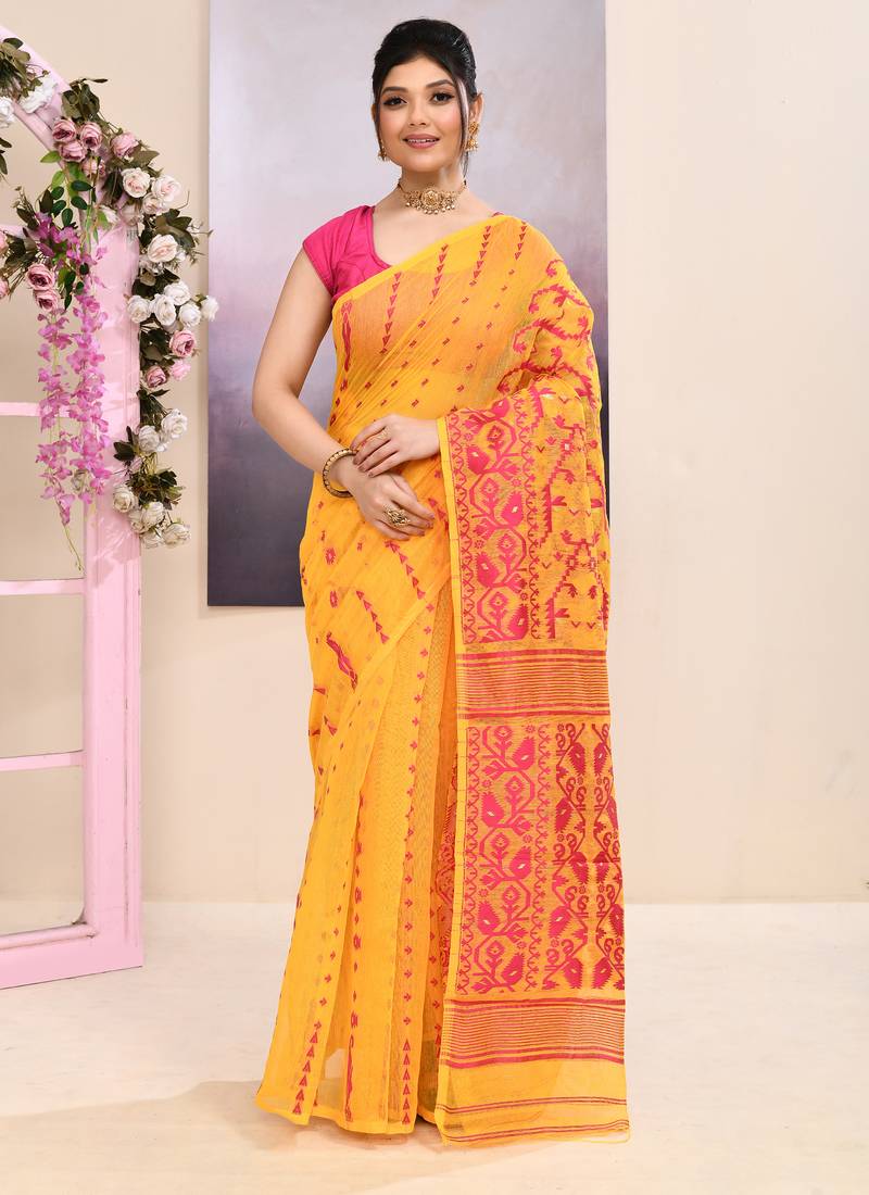 Women's yellow embellished cotton blend jamdani saree