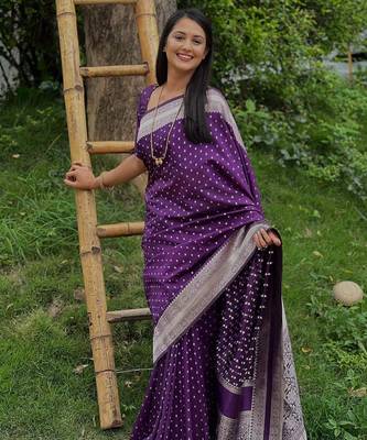 Purple silk blend banarasi saree with unstitched blouse piece 2