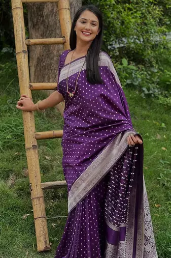 Purple silk blend banarasi saree with unstitched blouse piece