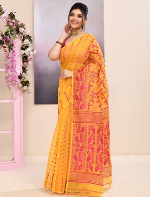 Women's yellow embellished cotton blend jamdani saree 2
