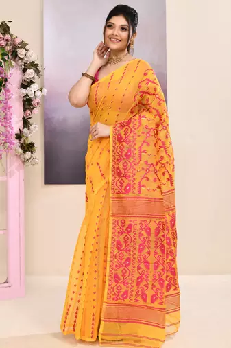 Women's yellow embellished cotton blend jamdani saree