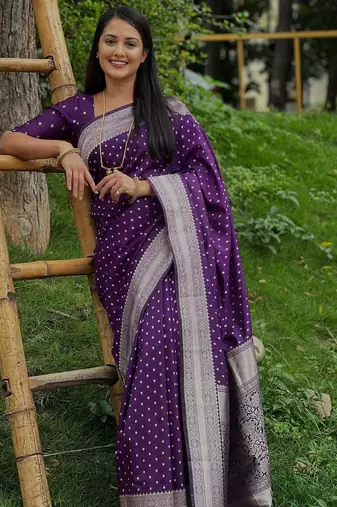 Purple silk blend banarasi saree with unstitched blouse piece