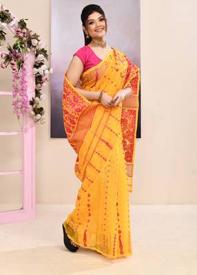Women's yellow embellished cotton blend jamdani saree 3