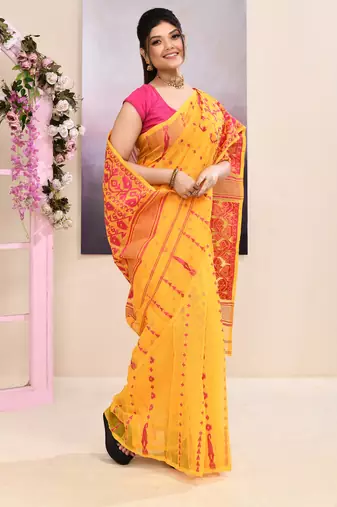 Women's yellow embellished cotton blend jamdani saree