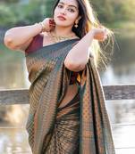 Green silk blend banarasi saree with unstitched blouse piece