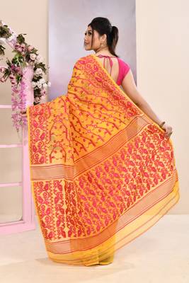 Women's yellow embellished cotton blend jamdani saree 4