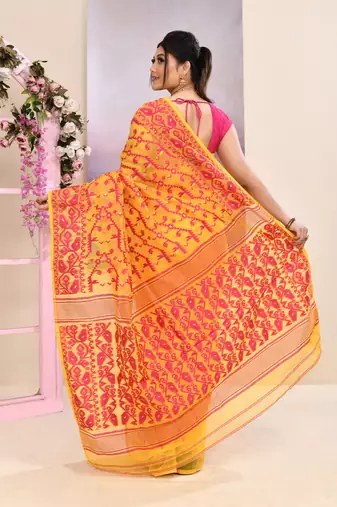 Women's yellow embellished cotton blend jamdani saree