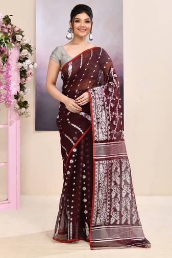 Women's wine embellished cotton blend jamdani saree
