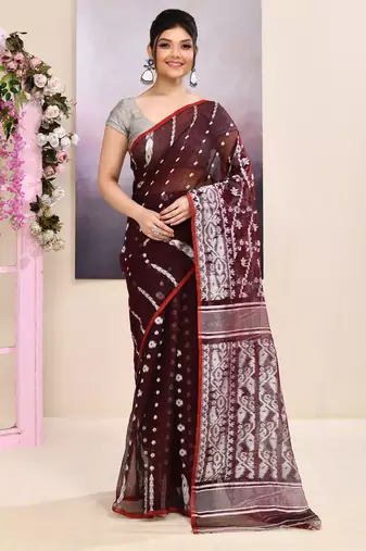 Women's wine embellished cotton blend jamdani saree