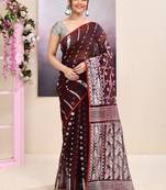 Women's wine embellished cotton blend jamdani saree