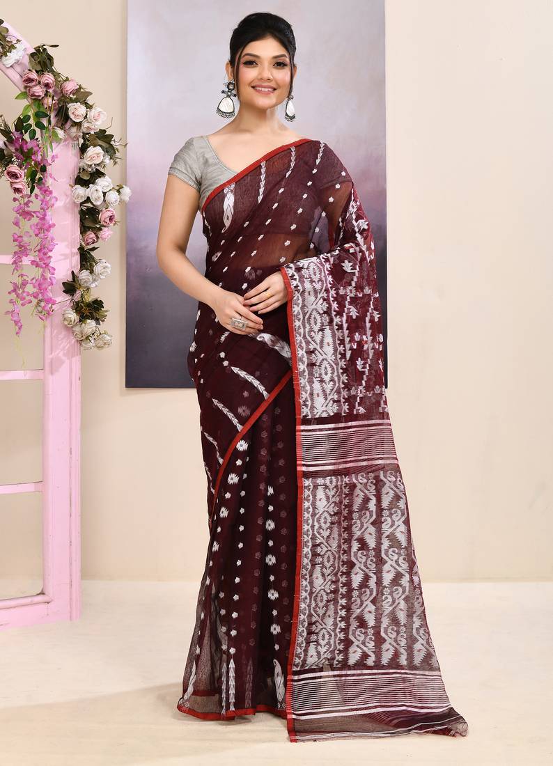 Women's wine embellished cotton blend jamdani saree