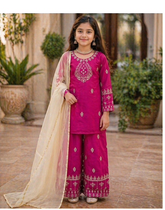 Alluring Heavy Pure Creap Embroidery Work Rani Pink Readymade Salwar Suit 1