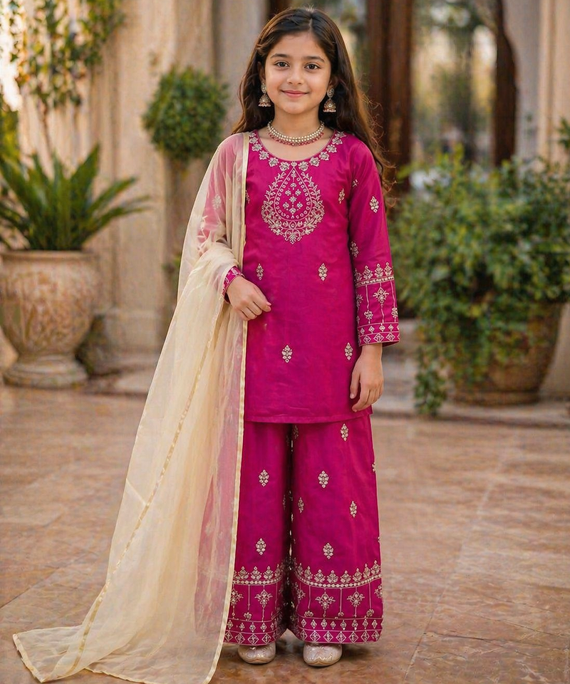 Alluring Heavy Pure Creap Embroidery Work Rani Pink Readymade Salwar Suit
