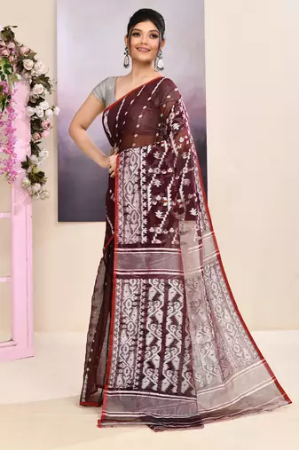 Women's wine embellished cotton blend jamdani saree