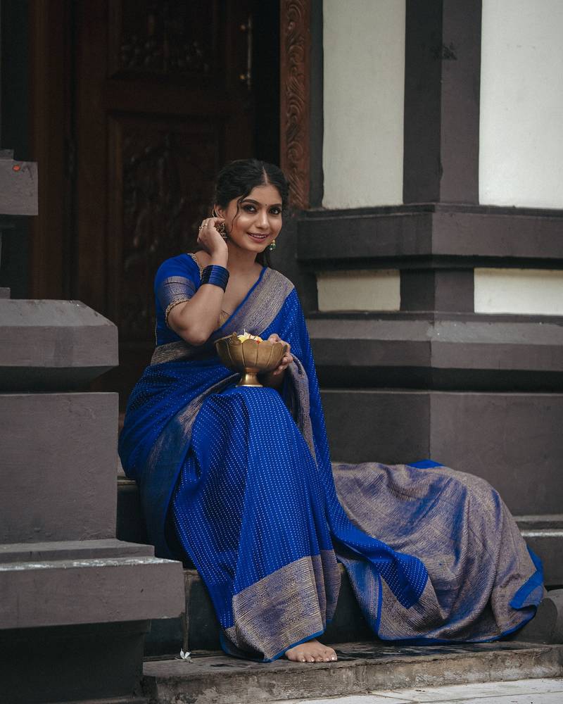 Royal blue silk blend banarasi saree with unstitched blouse piece
