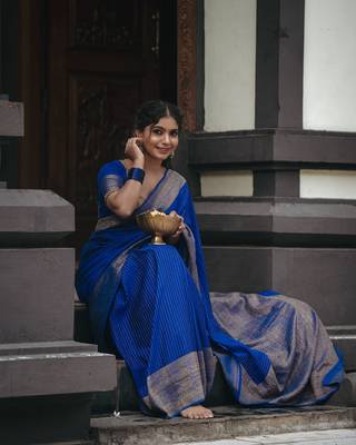 Royal blue silk blend banarasi saree with unstitched blouse piece 1
