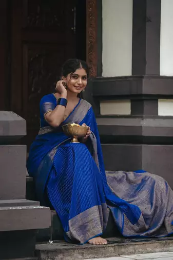 Royal blue silk blend banarasi saree with unstitched blouse piece