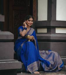 Royal blue silk blend banarasi saree with unstitched blouse piece