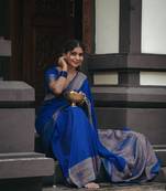 Royal blue silk blend banarasi saree with unstitched blouse piece