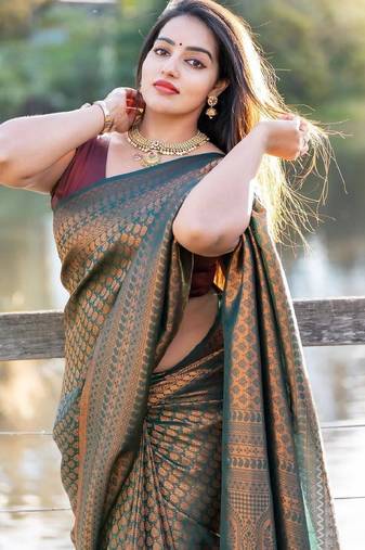Royal blue soft silk blend banarasi jacuard work designer party wear saree with unstitched blouse piece