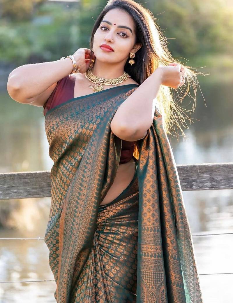 Royal blue soft silk blend banarasi jacuard work designer party wear saree with unstitched blouse piece