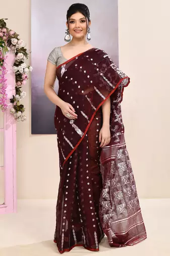 Women's wine embellished cotton blend jamdani saree