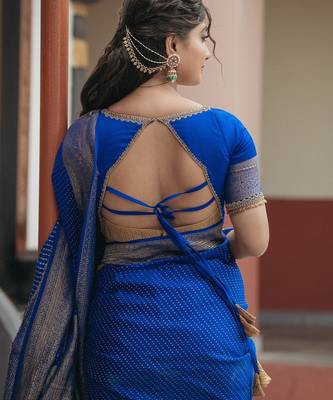 Royal blue silk blend banarasi saree with unstitched blouse piece 4