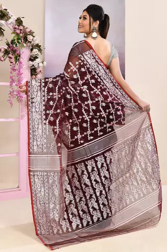 Women's wine embellished cotton blend jamdani saree