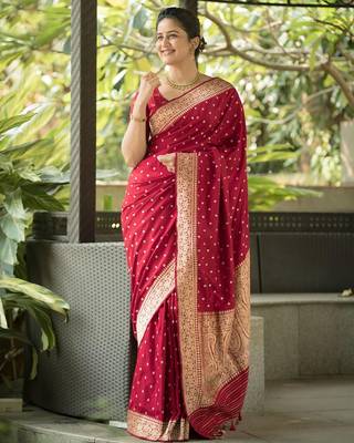 Maroon silk blend banarasi saree with unstitched blouse piece 1