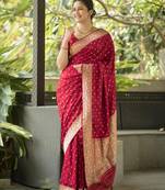 Maroon soft silk blend banarasi jacuard work designer party wear saree with unstitched blouse piece