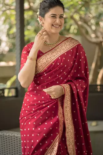 Maroon silk blend banarasi saree with unstitched blouse piece