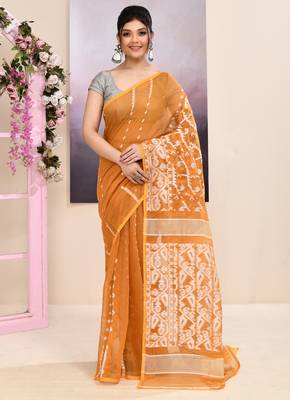 Women's mustard embellished cotton blend jamdani saree 1