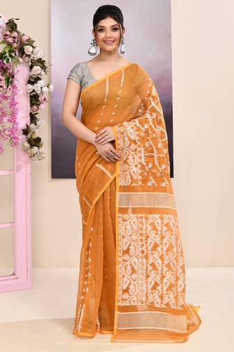 Women's mustard embellished cotton blend jamdani saree