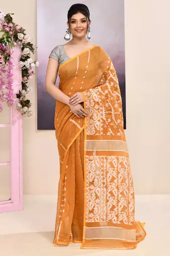 Women's mustard embellished cotton blend jamdani saree