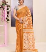 Women's mustard embellished cotton blend jamdani saree