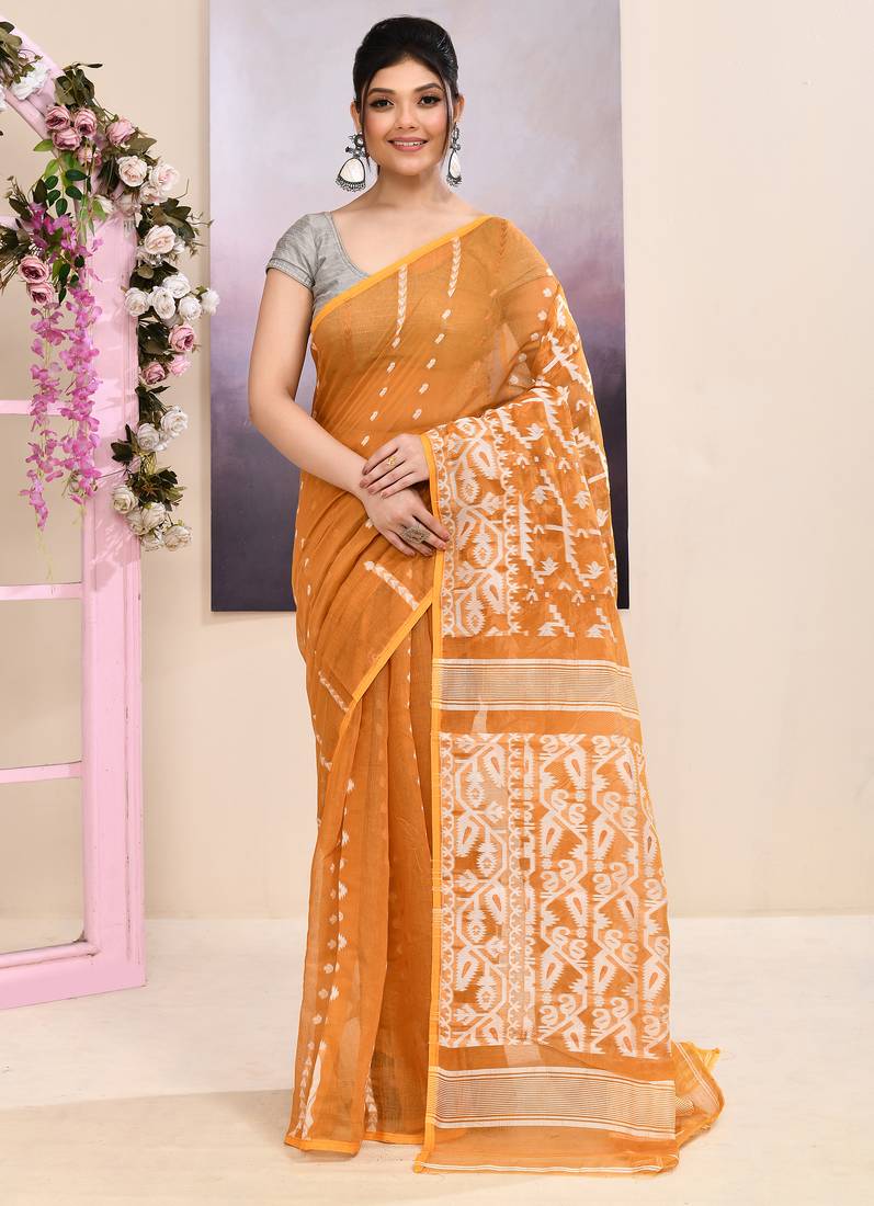 Women's mustard embellished cotton blend jamdani saree