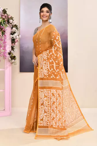 Women's mustard embellished cotton blend jamdani saree